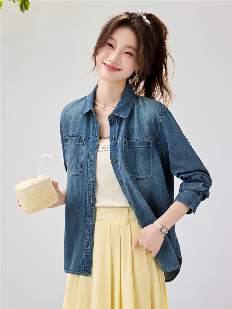 2026春夏新款复古水洗牛仔衬衫女宽松显瘦叠穿长袖衬衣外套休闲,女装衬衫,艾米