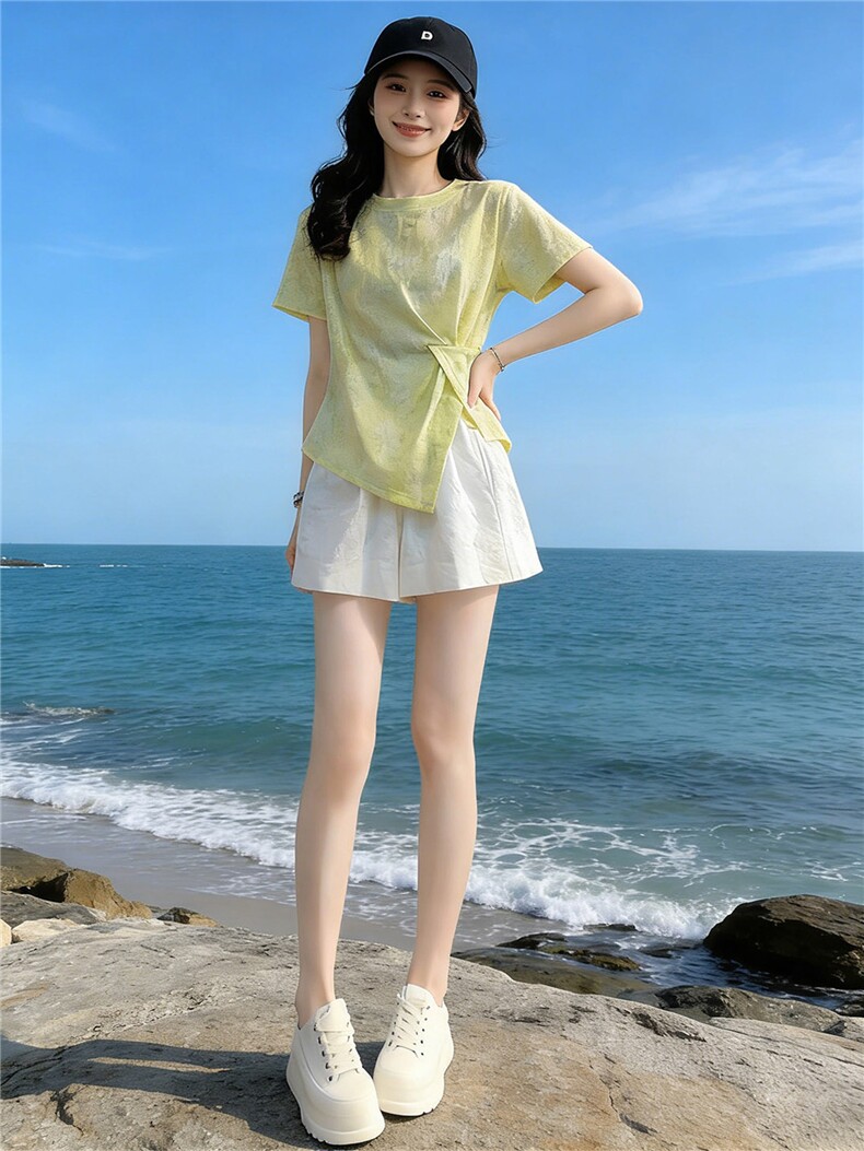 欧韩时尚潮流套装女夏新款圆领印花侧开叉短袖上衣蕾丝短裤两件套,女装套装/套裙,江南