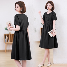2024年夏季圆领双排款抽腰休闲宽松连衣裙，女装连衣裙，文熹诺