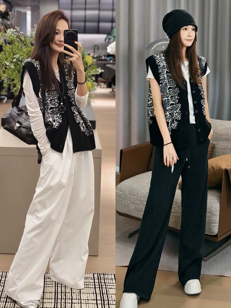 2025年秋季时尚百搭通勤简约休闲提花撞色坎肩,女装马甲,聚奥羊绒