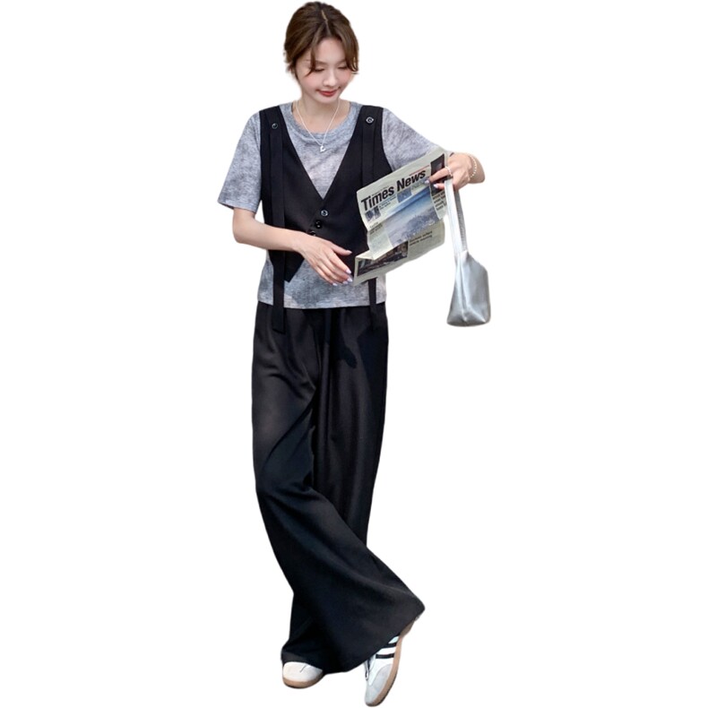 时尚设计感假两件上衣阔腿裤套装女夏2025新款洋气减龄显瘦两件套,女装套装/套裙,2C177