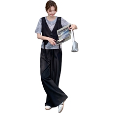 时尚设计感假两件上衣阔腿裤套装女夏2025新款洋气减龄显瘦两件套，女装套装/套裙，2C177