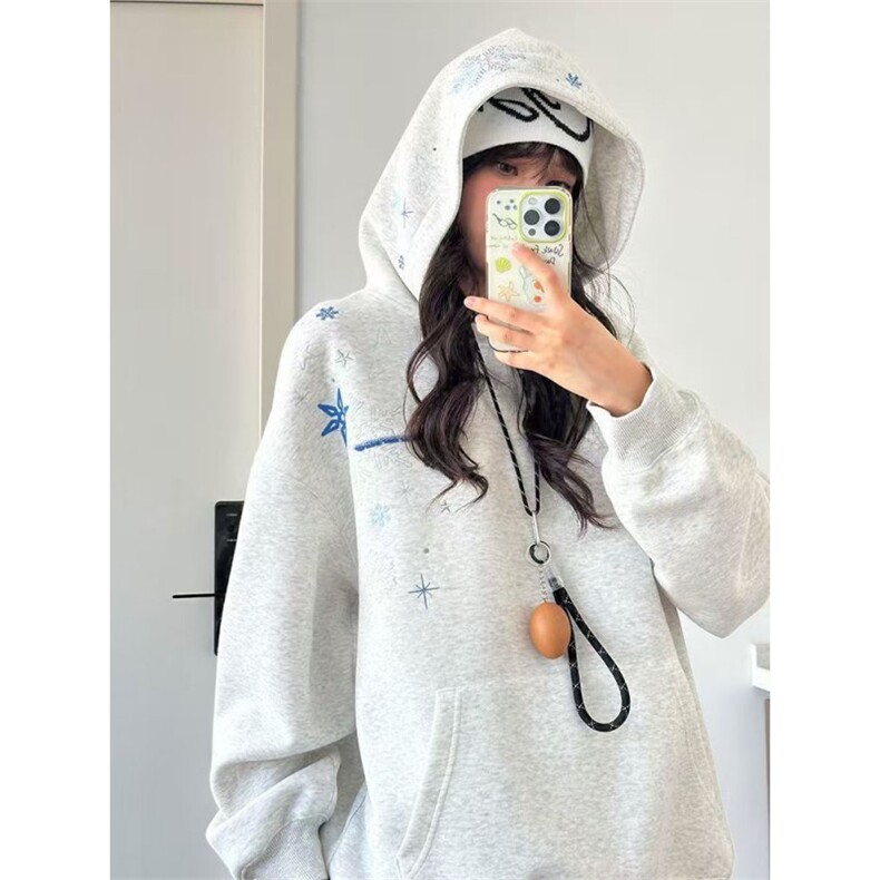 美式复古刺绣卫衣男女小众设计感休闲潮百搭外套常规P50加绒P55，女装短外套，四季星座505