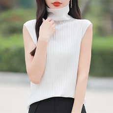 简约纯色坑条堆堆领针织马甲背心女早春时尚洋气内搭无袖坎肩上衣，女装针织衫/毛衣，佳绒包芯纱店