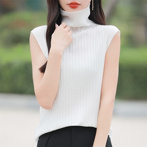 简约纯色坑条堆堆领针织马甲背心女早春时尚洋气内搭无袖坎肩上衣图片
