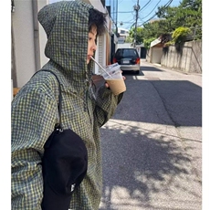 J536复古新款格纹纽扣连帽卫衣男女高级感美式格子拼接套头上衣，男装卫衣，星座308A-1（原309B-1）