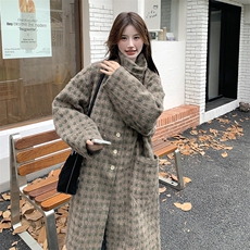 咖色复古格纹双面毛呢长大衣2025新款女冬巨好看小香风毛呢厚外套，女装毛呢外套，2C120