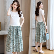 棉麻套装裙子2024夏季新款文艺温柔风亚麻时尚修身两件套连衣裙女，女装套装/套裙，罗得堡