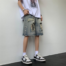 美式高街破洞牛仔短裤男女vibe夏季直筒宽松乞丐五分裤88051-p40，男装牛仔裤，星座1008