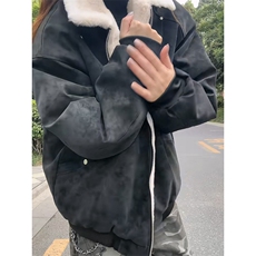 现货重磅硬挺boxy羽绒棉衣座山雕羊羔毛领洗水麂皮棉服冬外套，男装棉衣，电商A486-1