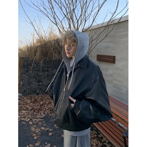 PY10-P105春秋美式假两件皮衣外套男女宽松连帽皮夹克