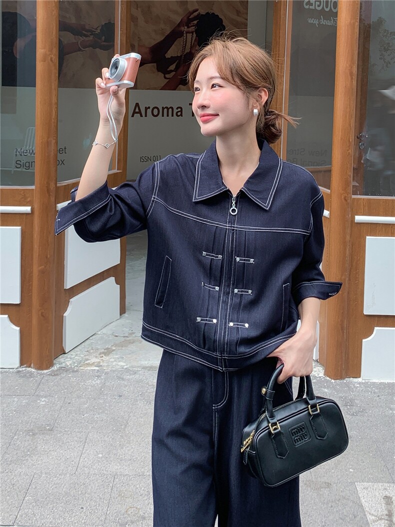 （新款现货）2026春装时尚潮流天丝牛仔拉链阔腿裤套装两件套,女装套装/套裙,印象茜