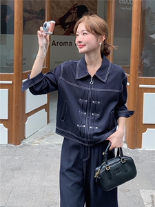 （新款现货）2026春装时尚潮流天丝牛仔拉链阔腿裤套装两件套图片