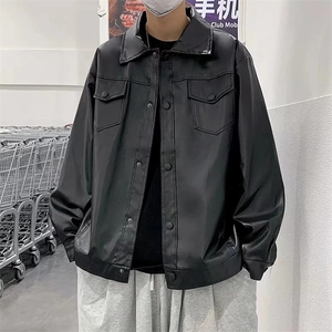 潮青少年秋季休闲刺绣字母PU皮夹克外套男机车皮衣翻领HH3325 P57图片
