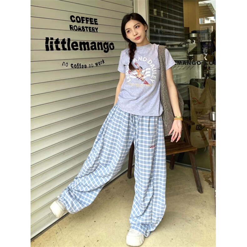 美式复古蓝色弯刀格子裤女宽松慵懒垂坠感阔腿休闲裤K1099,男装休闲裤,星座1116A（原606A-3）