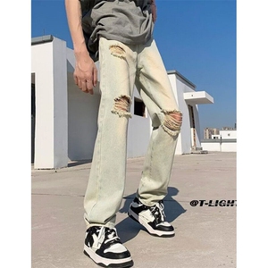 高街夏季hiphop黄泥破洞拉链直筒牛仔裤男宽松休闲长裤 N8835图片
