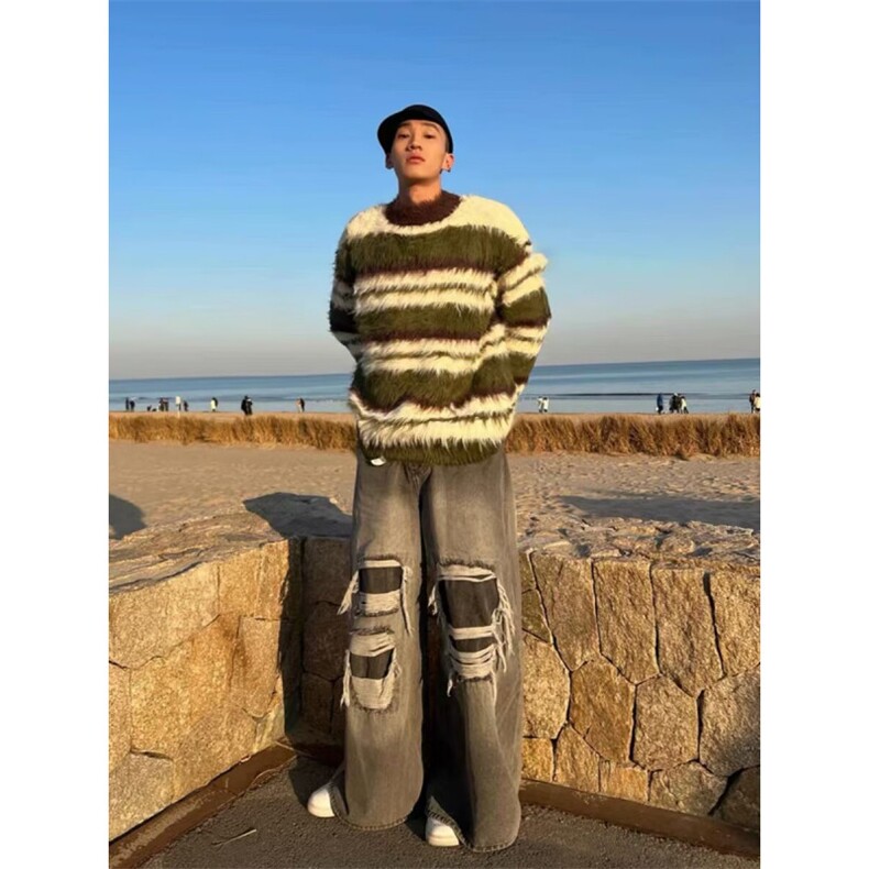 马海毛针织衫男士韩版软糯毛线衣慵懒风绿色条纹毛衣宽松圆领上衣,男装针织衫/毛衣,星座506A