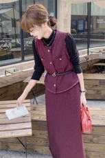 法式浪漫小香风套装裙女秋季2025年新款长款上衣马甲半身裙三件套，女装套装/套裙，1D102-1