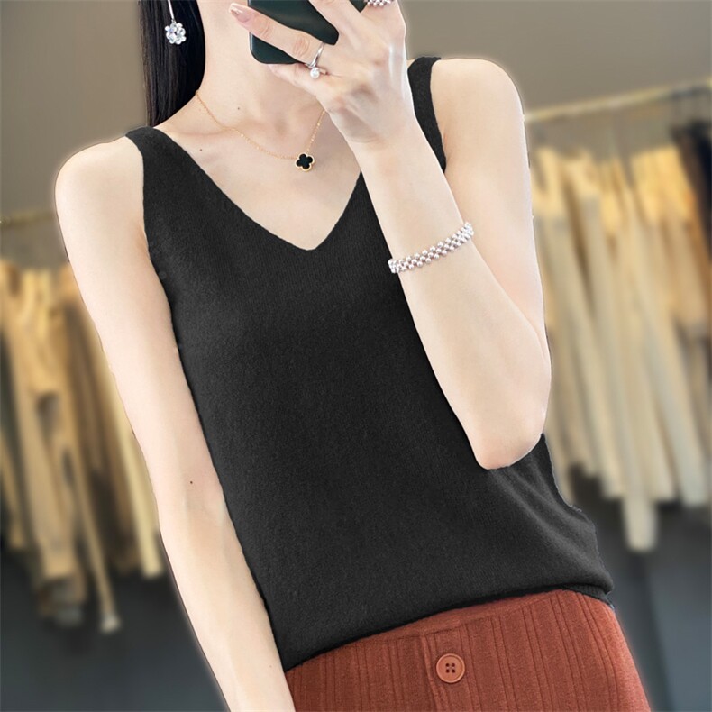 薄款V领精纺羊毛针织吊带女2024夏季新款纯色无袖背心内搭打底衫，女装背心吊带，羿纯羊绒