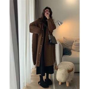 慵懒风纯色中长款毛衣开衫女春秋冬小众设计感过膝针织衫宽松外套图片