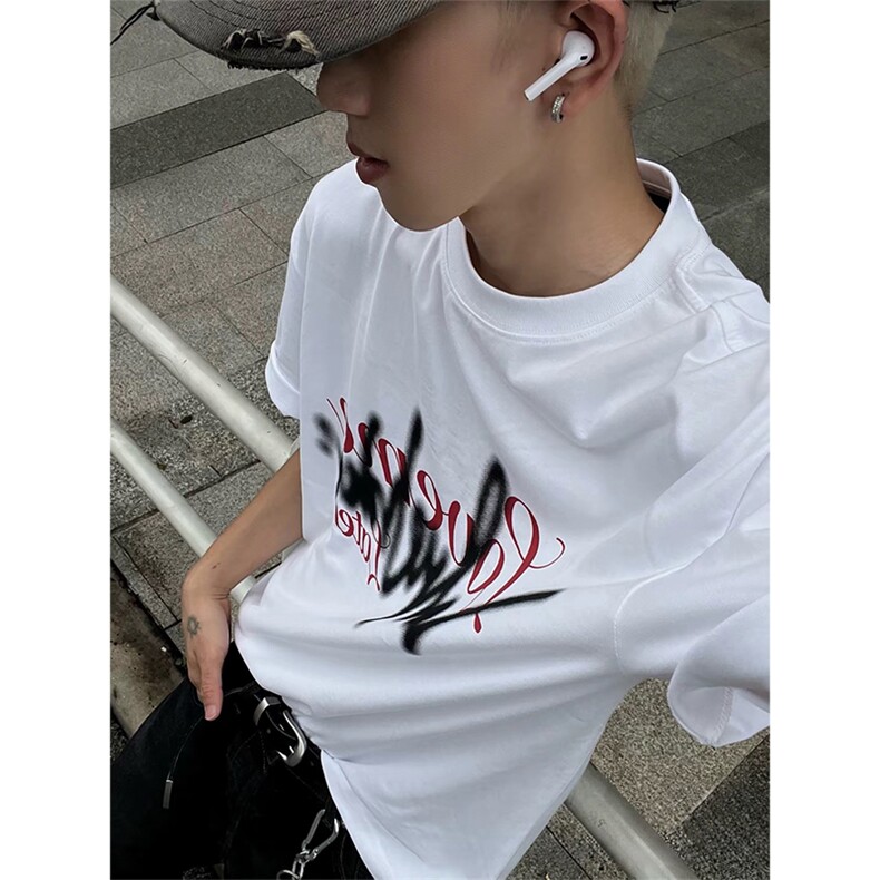 抖音得物供货210克现货宽松纯棉美式潮牌印花落肩袖纯棉T恤AT2194图片