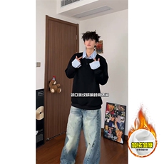 重磅加绒硬挺boxy男女美式高街假两件衬衫领长袖卫衣POLO领打底衫，男装T恤，电商A443