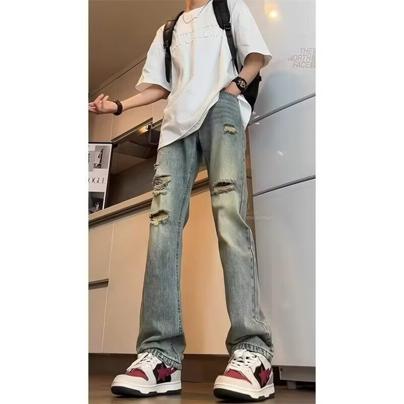破洞直筒软牛仔裤男高腰显瘦美式复古高个子牛仔裤子NZT792图片