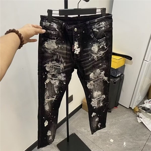 美式高街假破洞修身男女轻奢穿搭泼墨牛仔裤NH131P51