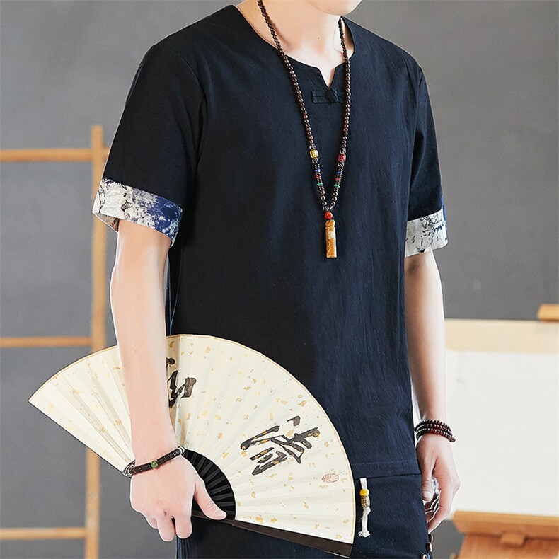男士国潮中国风夏季棉麻短袖t恤休闲宽松大码民族风上衣YK205-P25，男装T恤，星座509