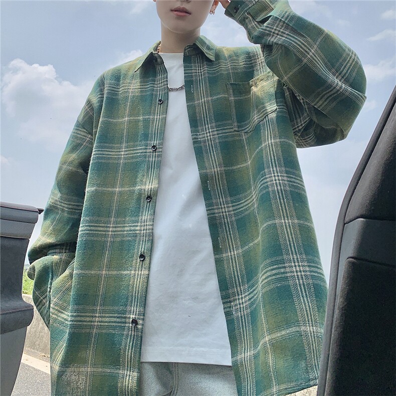现货~格子大码长袖衬衫C5908/特P23绿格,男装衬衫,电商A094