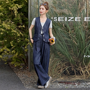 欧货时尚牛仔套装女高级感2025春夏新款气质显瘦马甲阔腿长两件套图片
