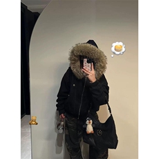 现货重磅boxy短款棉衣座山雕大毛毛领男女棉服水洗工装厚外套，男装棉衣，电商A486-1