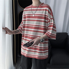 新款五分袖宽松潮流潮牌短袖男5分潮男半袖网红条纹t恤T080-P20，男装T恤，星座512-2