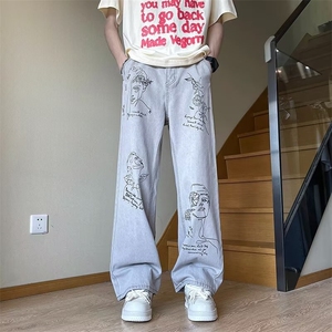 美式高街设计感印花牛仔裤男休闲潮牌痞帅小众做旧直筒裤7060/P48图片