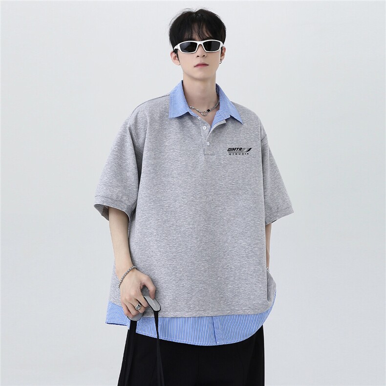 韩版衬衫领日系假两件夏季半袖高级感男生POLO衫T恤T253-P48,男装Polo衫,电商C307