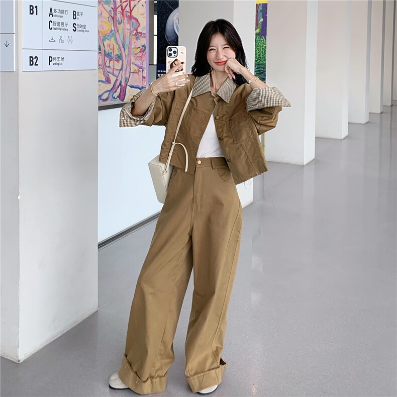 新款！大量！格子拼接工装阔腿裤两件套2C133-8975-P195-K268,女装套装/套裙,2C133
