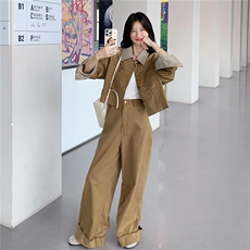 新款！大量！格子拼接工装阔腿裤两件套2C133-8975-P195-K268，女装套装/套裙，2C133