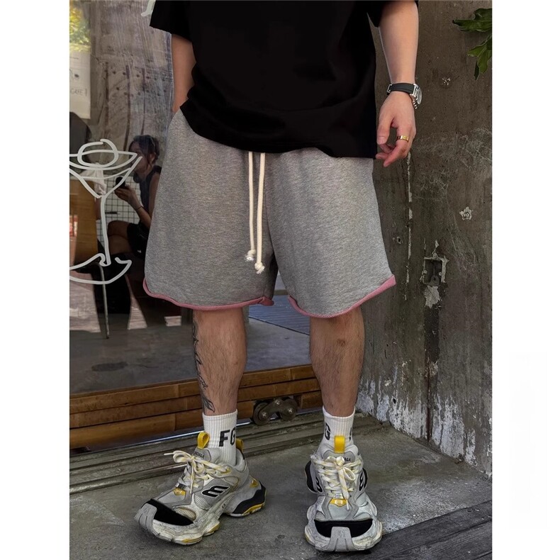 灰色重磅卷边短裤男款夏季毛圈美式运动裤子双色料休闲宽松五分裤,男装牛仔裤,四季星座310A
