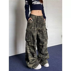 T09-P47 美式复古褶皱多口袋迷彩工装牛仔裤女高街潮牌显瘦图片
