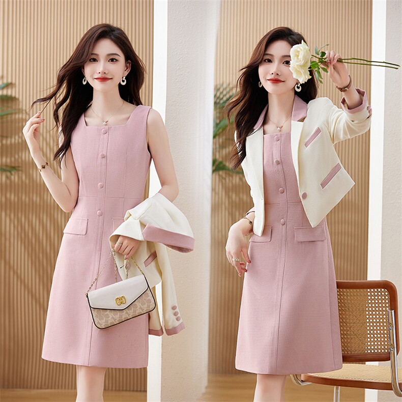 粉色背心连衣裙子小香风短外套2024秋季女装秋装搭配一整套，女装连衣裙，贝蕾酷儿