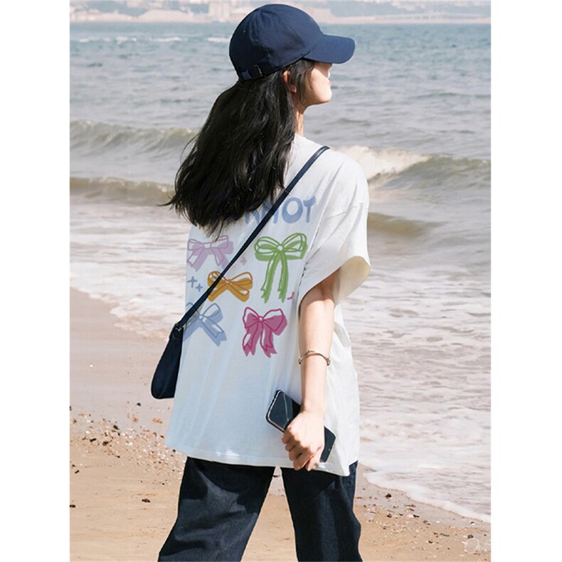 T0649-P25 多彩蝴蝶结纯棉印花短袖  甜美少女穿搭图片