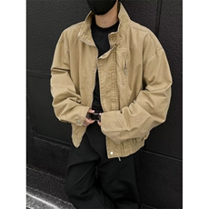 美式复古卡其立领工装夹克cleanfit高级感短宽巴恩风外套jk173p65，男装夹克，电商D315