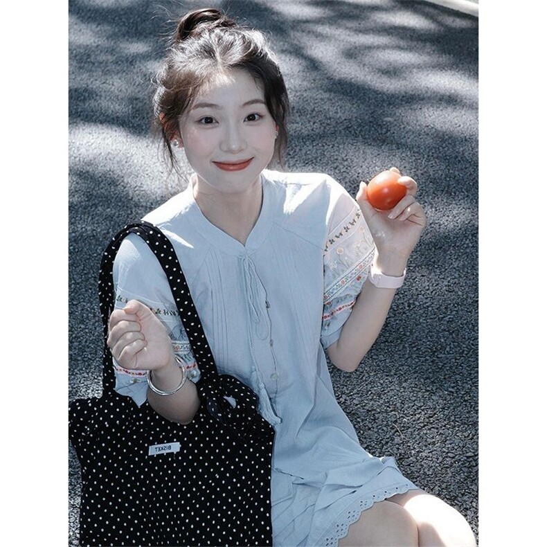 复古新中式风刺绣绑带短袖衬衫+搭配高腰半身裙女两件/套装,女装半身裙,星座1210-1