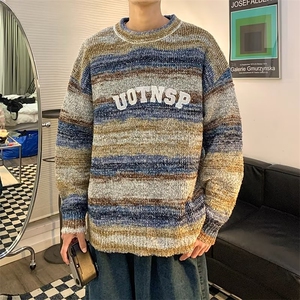 美式复古撞色毛衣男秋冬季学生街头慵懒风小众设计针织衫ins潮图片