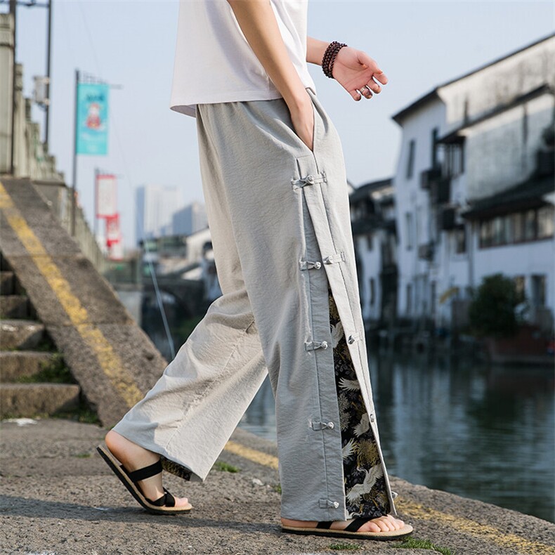 2025春季新款风长裤仙鹤拼接盘扣开衩休闲裤K119-P65，男装休闲裤，电商B277(原6028)