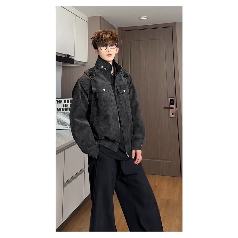复古雾面PU皮衣男春秋哈灵顿夹克休闲百搭短款外套W6917-P70,男装夹克,星座412-3