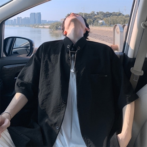 特批P28无差价夏季潮牌高级感挂链男大码慵懒痞帅短袖衬衫CD5511图片