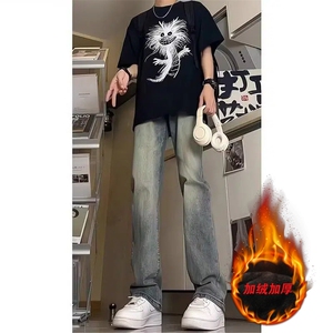半松紧加绒复古蓝直筒牛仔裤图片