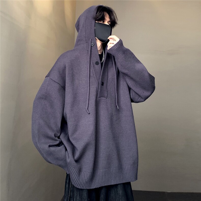 美式复古灰色毛衣男秋冬慵懒风高级感针织衫连帽外套p68,男装针织衫/毛衣,电商C307