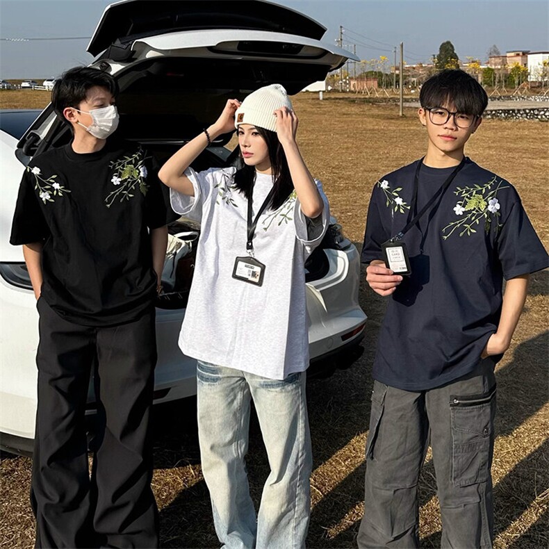 万针全刺绣工艺抖音得物高品质260克重磅纯棉双纱美式高街短袖T恤,男装T恤,电商A486